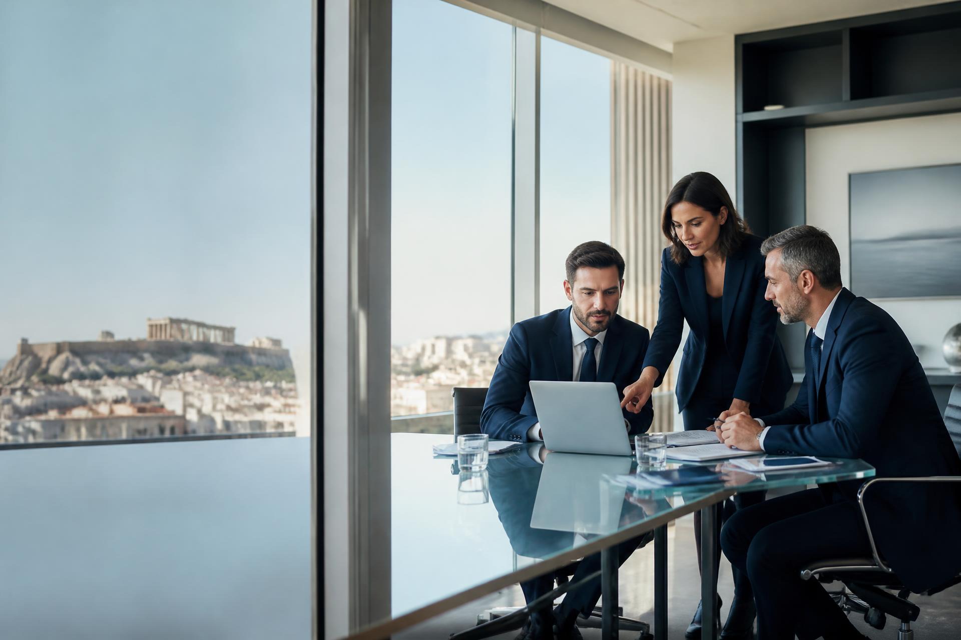 Σύμβουλοι της Novus Insurance Brokers σε συνάντηση με πελάτη σε σύγχρονο γραφείο στην Αθήνα